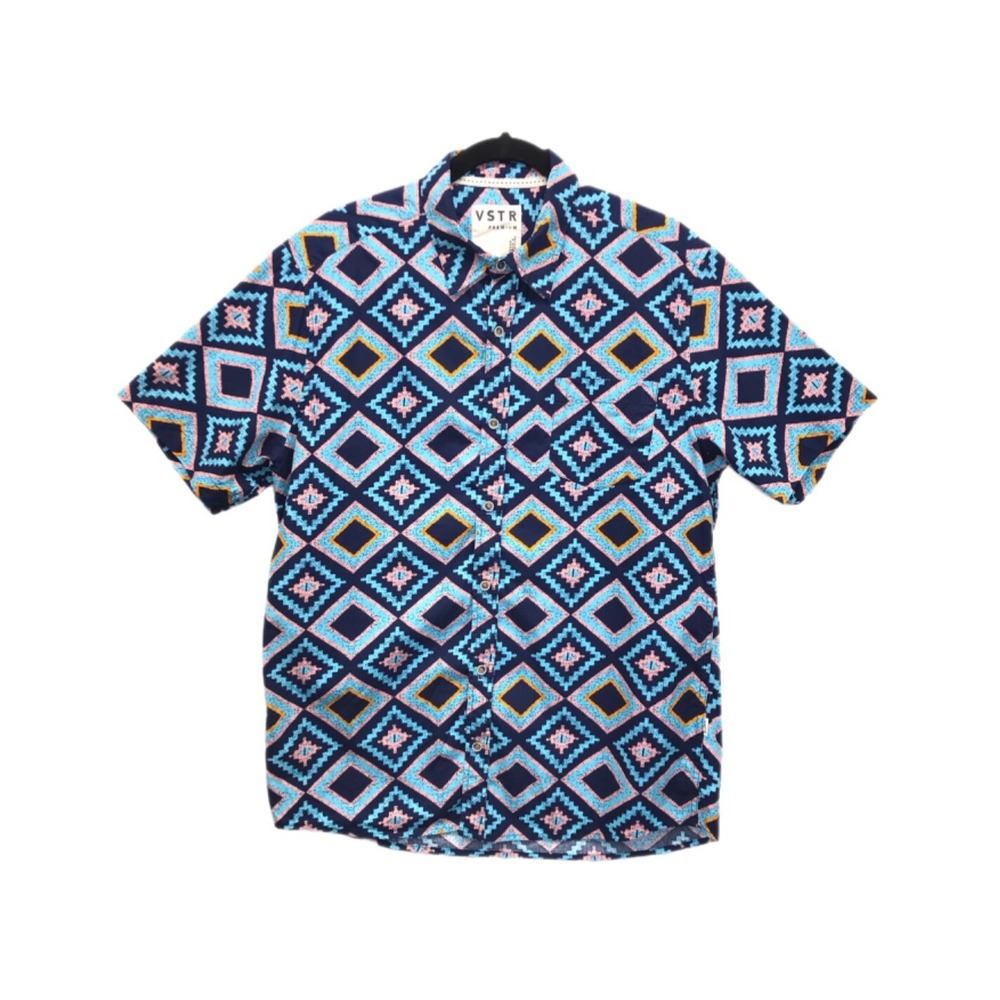 VSTR Premium SS Shirt Mens Size L‎ Blue Aztec Colorful Retro 100% Cotton